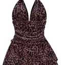 SOLY HUX Women's Sexy Tie Dye Print Halter V Neck Mini Dress Retro Backless Fitted Bodycon Dresses (Dark Brown Leopard, XS)