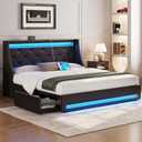 Rolanstar Queen Bed Frame with LED Lights and Charging Station, PU Leather Bed with Drawers, Wooden Slats, Noise Free, Easy Assembly, Black