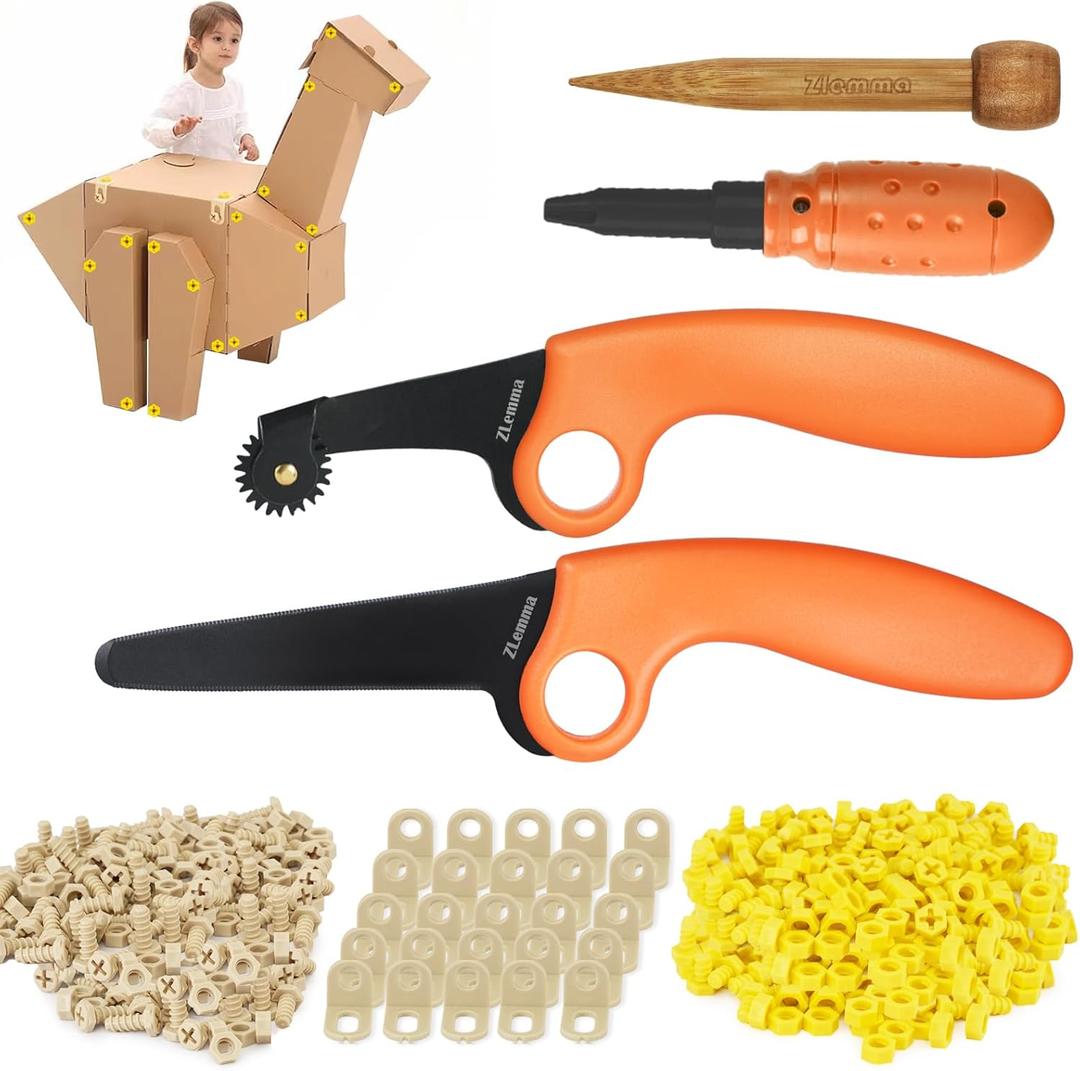 Cardboard Construction Tools Kit 966-pieces, Cardboard Project Tools for at Home Play + Classroom Learning, Reusable Tools for Boys and Girls