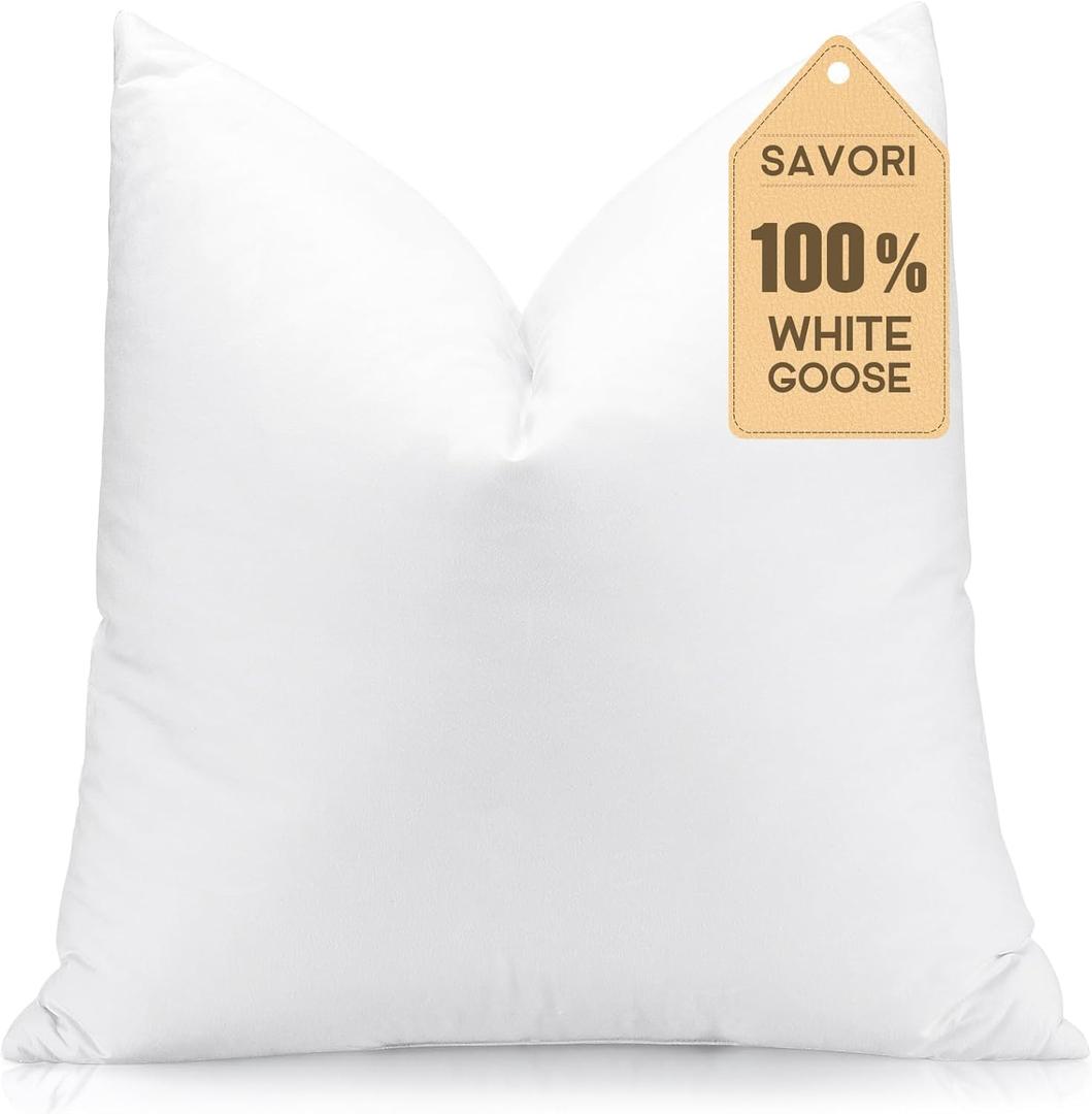 SAVORI Down Feather Throw Pillow Inserts 20x20 Euro Pillow Inserts, Soft Fluffy Throw Pillows with Cotton Cover, Decorative Throw Pillows for Couch Sofa Bed-White (20x20 Inch (Pack of 1))