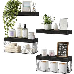 4 Pack Wall Mounted Rustic Wood Floating Shelves with 2 iron Hanging Baskets, Bathroom Shelves Over Toilet, Toilet Paper Storage, Farmhouse Decor Hanging Shelf for Living Room, Kitchen, 16 inch, Black