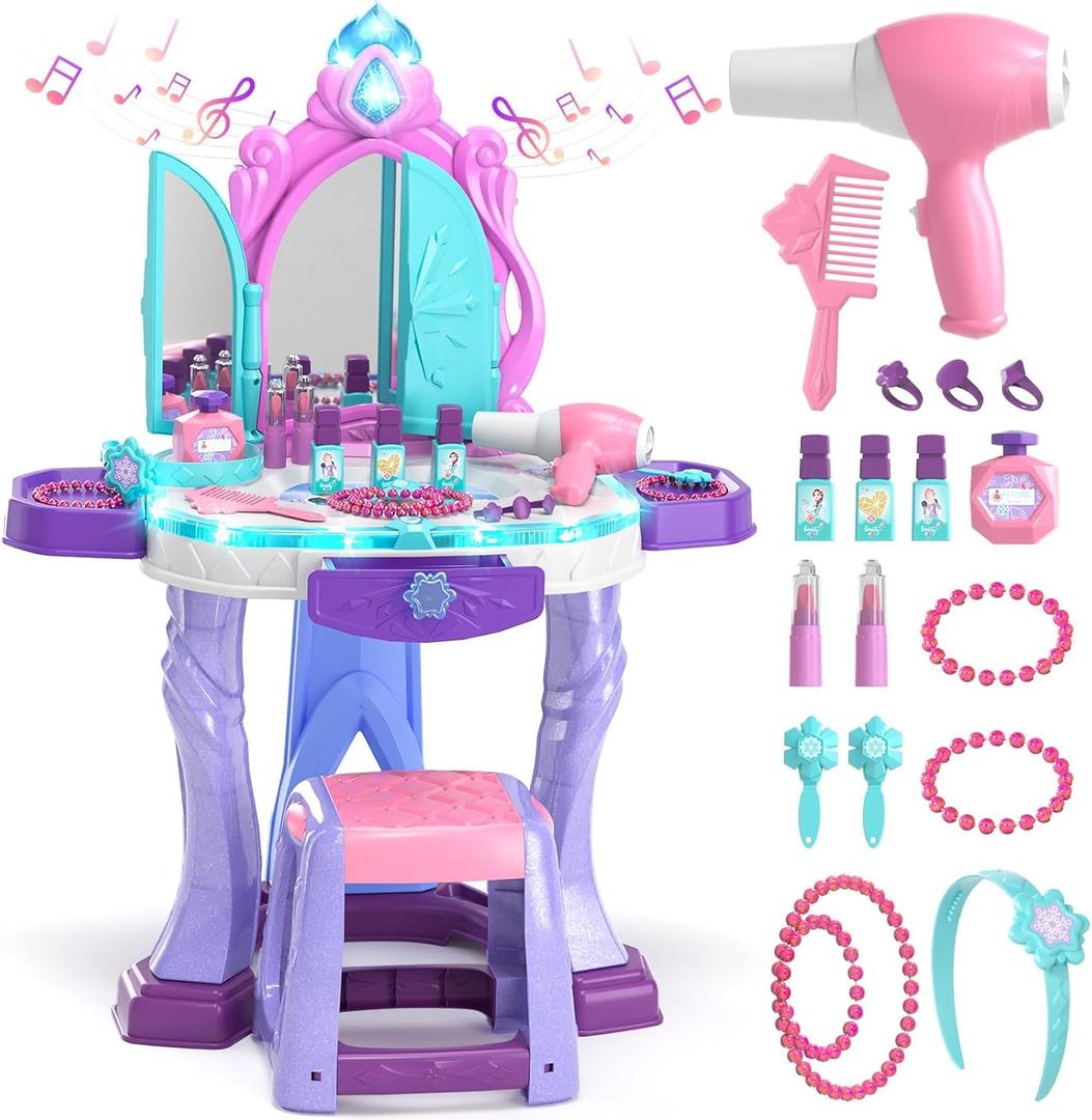 Lehoo Castle Kids Vanity Table and Chair Set, Girls Makeup Table with Mirror Stool Lights Music, Toddler Pretend Play Vanity Set for Princess Dress Up, Girl Toys Gifts for Age 3 4 5 Years Old (Purple)