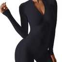 Women Long Sleeve Jumpsuit Zip Up Bodysuits Yoga Workout Unitards Bodycon One Piece Open Back Romper, Medium