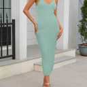 MEROKEETY Womens Summer Bodycon Knit Midi Dress 2026 Spring Beach Vacation V Neck Casual Sleeveless Ribbed Sweater Dresses (Teal, XS)