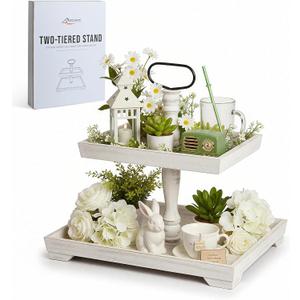 Rustic Wooden 2 Tiered Tray Stand, Farmhouse Tiered Serving Tray Decor, Rectangle Wood Display Stands for Food Fruits Cupcake and Seasonal Festive Decorations (White)