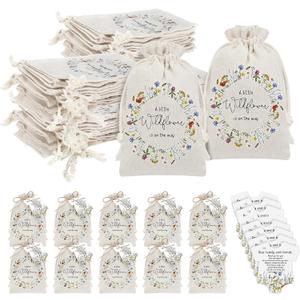 Fumete 50 Sets Wildflower Baby Shower Seed Packets Party Favors for Guests Baby in Bloom Favors Decorations Burlap Bags with Drawstring Thank You Cards and Twine, No Seeds (Wildflower)