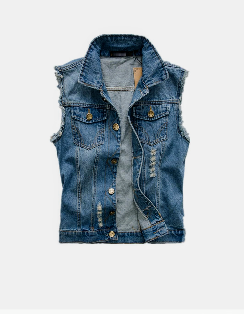 FASHION Jeans Denim Vest Brush Outfit Motorcycle Waistcoat Ripped Jean Vest 2XL