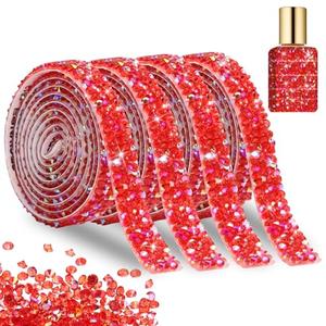 FULZTEY Glitter Rhinestone Ribbon Rolls,Red AB Rhinestone Strips for DIY Crafts,1 CM Wide Bling Rhinestones Tape Stickers,4 Yards Diamond Ribbons for Clothes Cups Wedding Party Decorations