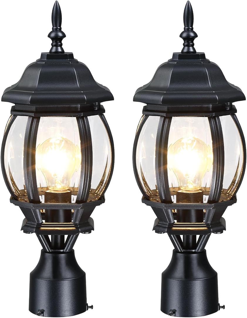 YSN 17" Outdoor Post Lights 2 Pack, Black Lamp Post Light Fixture, Pillar Lights Outdoor Pole Lights with Clear Glass, Waterproof Outside Lamp Post for Yard Garden Pathway, Not Included Base