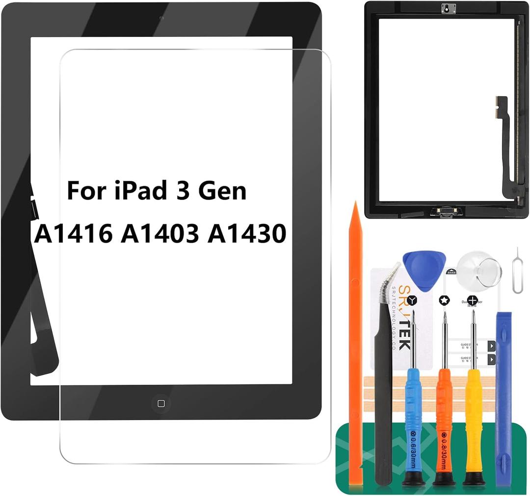 iPad 3 Screen Replacement-SRJTEK Touch Screen for iPad 3, 3rd Gen A1416 A1403 A1430 Digitizer Glass Sensor Assembly Repair Parts Kits,Include Home Button,Adhesive,Tempered Glass Black