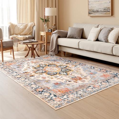 RIMAYA 3x5 Machine Washable Area Rug, Ultra Soft Rugs with Non-Slip Backing & Durable Edge Binding, Vintage Fluffy Indoor Low-Pile Carpet for Living Room, Bedroom, Dinning Room, Kitchen Room