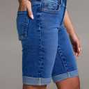 Sidefeel Women's Jean Shorts High Waisted Stretchy Bermuda Folded Hem Denim Summer Shorts (Blue, Size 12)