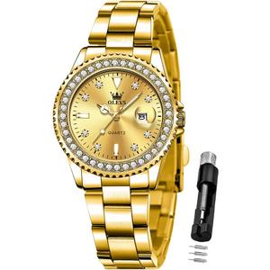 OLEVS Ladies Watch Diamond Dress Quartz Analog Female Watches Stainless Steel Two Tone Waterproof Luminous Day Date for Womens Wrist Watch Gift (all gold watch)