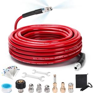 Sewer Jetter Kit for Pressure Washer, 50FT 5800 PSI Drain Cleaner Hose with 1/4" NPT Corner, Rotating and Button Hose Sewer Jetting Nozzle, Waterproof Tape, Pearl Corsage Pin, Spanner, Glove