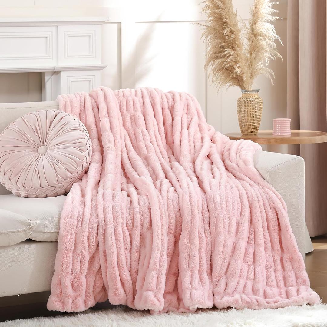 Smoofy Blush Pink Throw Blanket for Couch  Ultra Soft Cozy Plush Fluffy Blanket with Faux Rabbit Fur, Fuzzy Lightweight Fleece for Sofa, Bed & Office, Gift for Women, Home Room Decor Throw 50"x60"