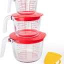 6 Pcs Glass Measuring Cups Set with Lids (Strainer Included) - 1-Cup/2-Cup/4-Cup Nesting Jugs with Easy-Grip Handles, Kitchen Liquid Measuring