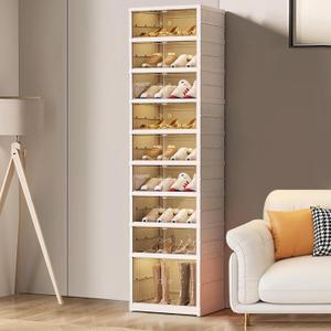 Foldable Shoe Rack with Wheels, Shoe Organizer with Magnetic Clear Doors for Closet Entryway, Large Sturdy Stackable Plastic Shoe Storage Cabinet Space Saving No Assembly, 9 Tier Holds 18 Pairs (White)