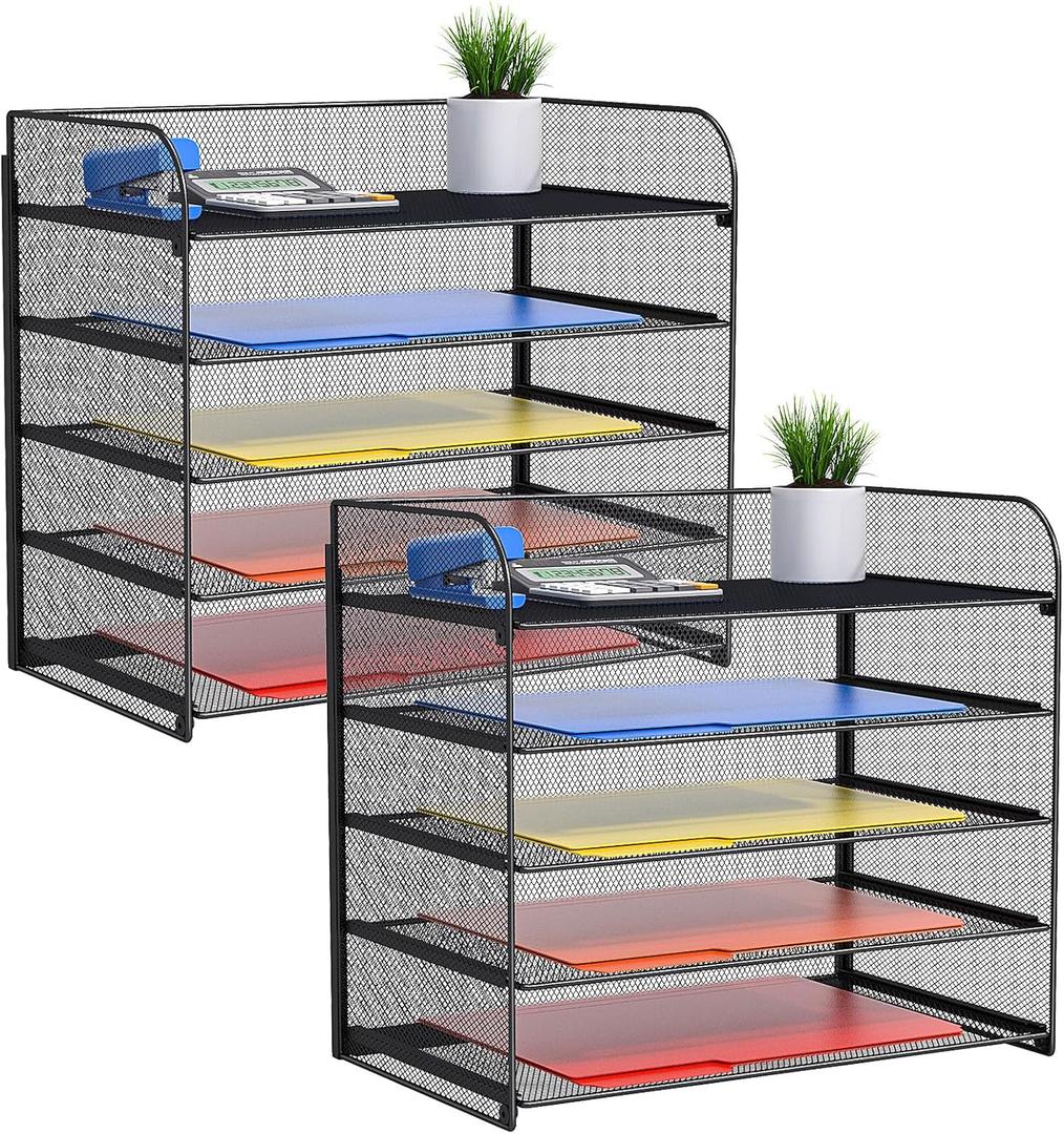2 Sets 5-Tier Paper Organizer,Paper Tray Holder for Desk,File Holder/Sorter,Legal/Letter Size,A4,File Folder Shelf Organizer for Office,Home,Solid Steel,Mesh,Sturdy,Leakproof,Large Capacity