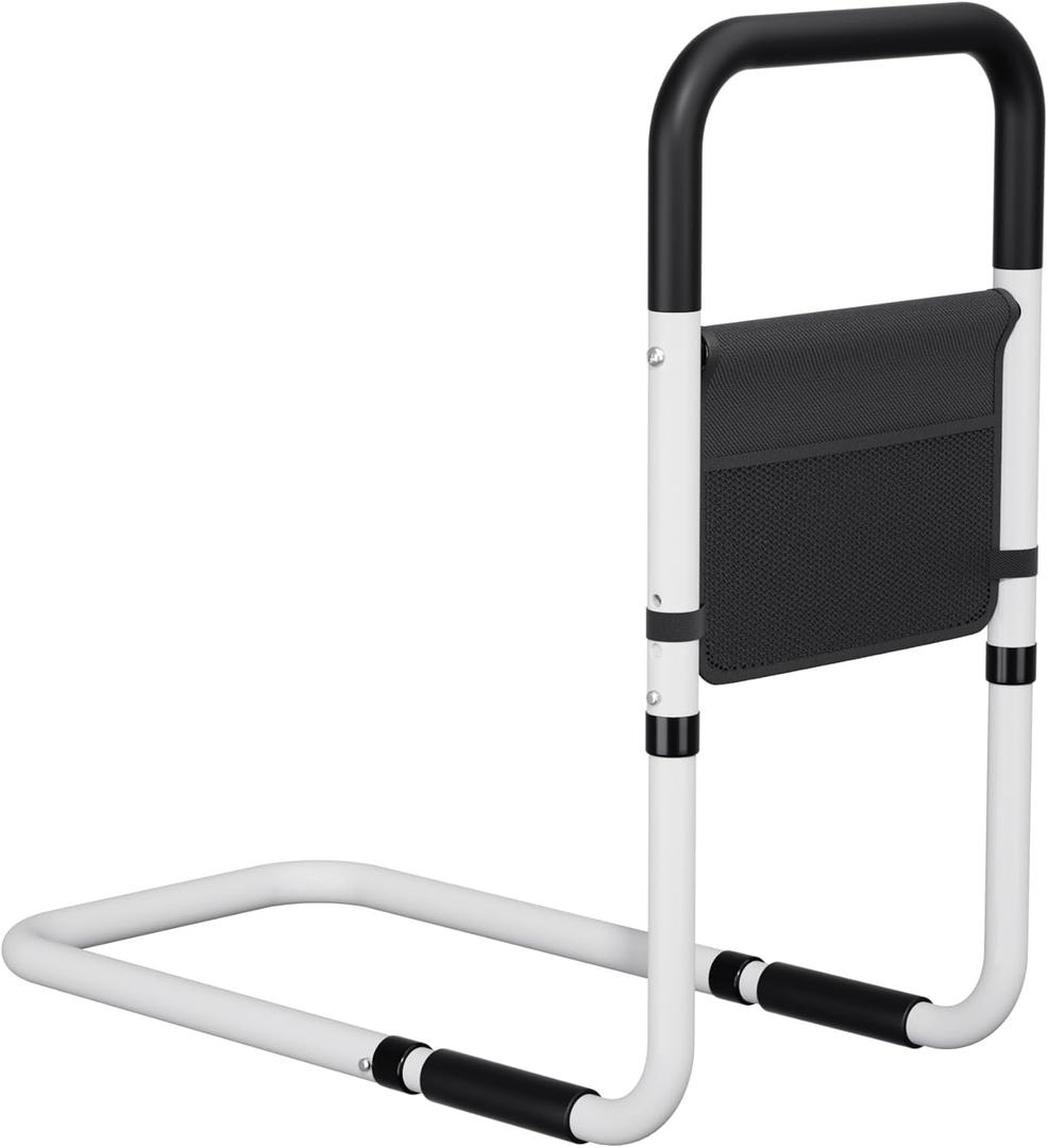Adjustable Bed Rail Support Handle with Storage Pouch, White and Black, Height Assist Safety Guard, Adjustable Bed Assist Rails for Seniors & Patients - Fits All Beds, Tool-Free Assembly