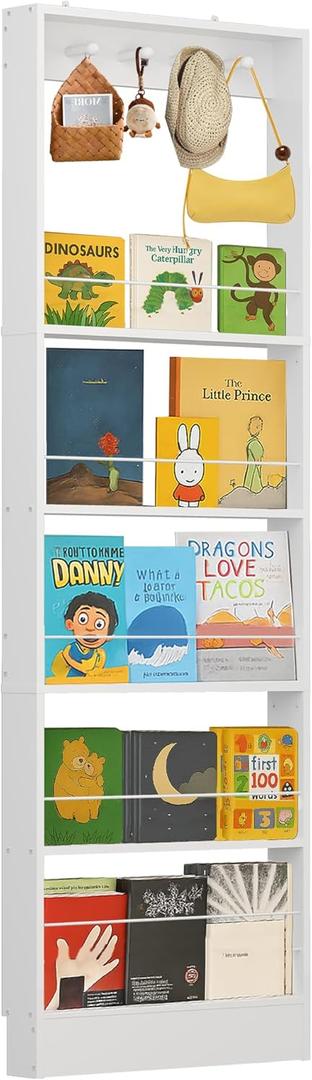 Behind The Door Bookshelf Kids,Wooden Behind Door Bookshelf, 5-Tier Bookcase Book Shelf Space-Saving Organizer Storage for Toys and Story Books Wall Mount Shelves with Hooks(White)