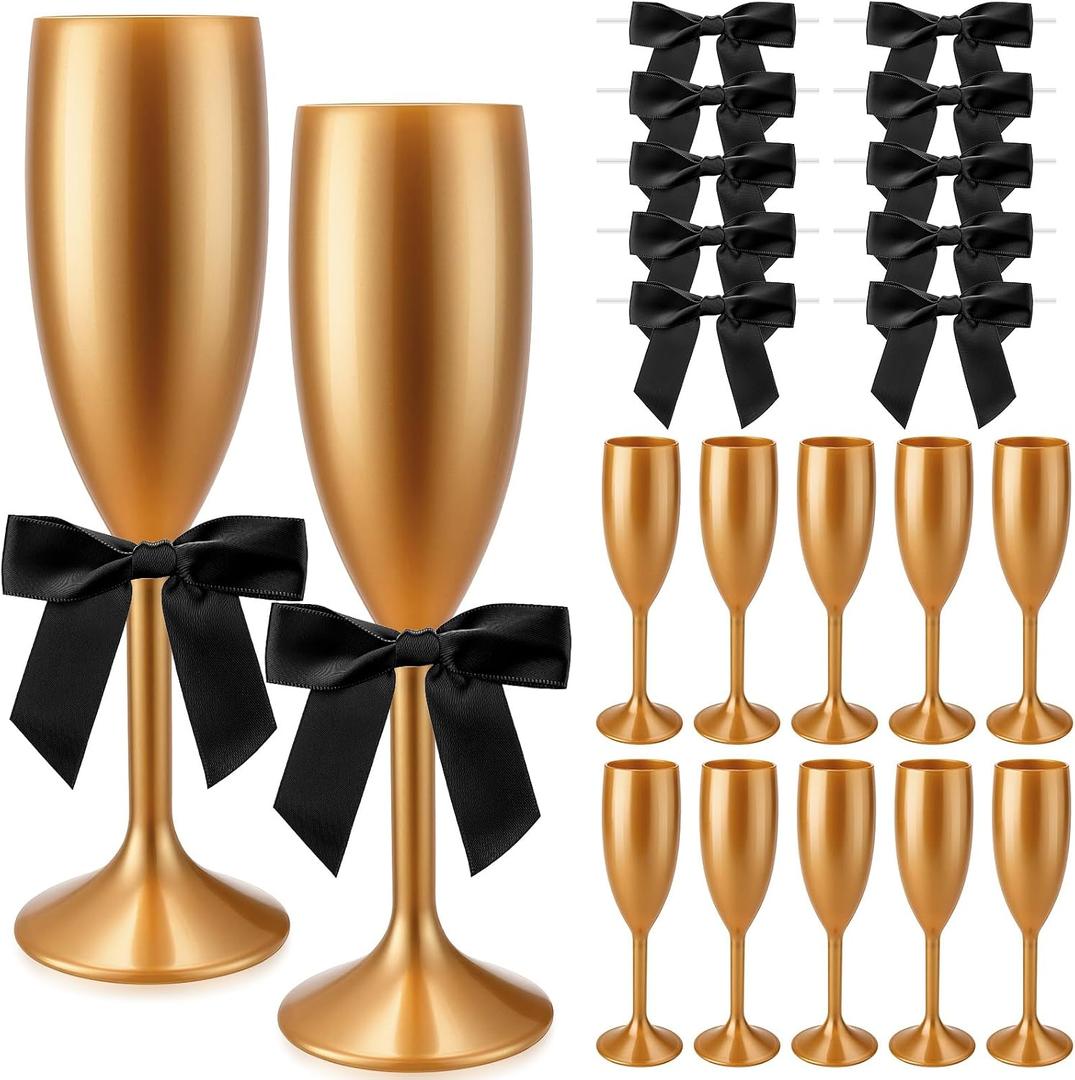 Zopeal Plastic Reusable Champagne Flute Glasses 6 oz and 50 Pcs Bow Set Acrylic Wedding Toasting Goblet 3.5" Bow Unbreakable Wine Cup for Bachelorette Bridal Shower Party(Gold and Black)