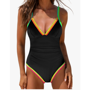 popvil One Piece Swimsuit Women 2025 Neon Color Block Contrast Cross Strap Bathing Suit Modest Cute Swim Suits XL
