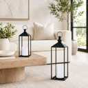 LED Lanterns Decorative Indoor&Outdoor, 19’’ 13’’ Large Black Candle Lanterns Set with 2 Flameless Candles, Metal Holders for Porch, Patio, Garden, Home, Fireplace, Decorations Decor