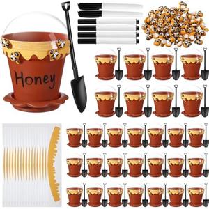 Jingmore 30 Sets Bee Honey Jars Party Favors Bulk, Mini Plastic Bee Theme Honey Jar Pots Decoration with Lids, Dippers and Saucers for DIY Cupcake Dessert Baby Shower Wedding Party Gift Set (Brown) (Count Undetermined)