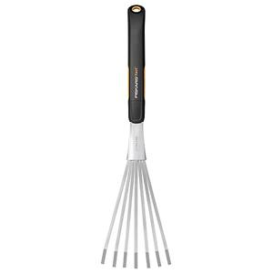 Fiskars Xact Hand Rake, Heavy Duty Gardening Hand Tool with Ergonomic Handle and Hanging Hole for Storage, Stainless Steel Head and Tines, Perfect for Maintaining a Raised Garden Bed Black/Silver
