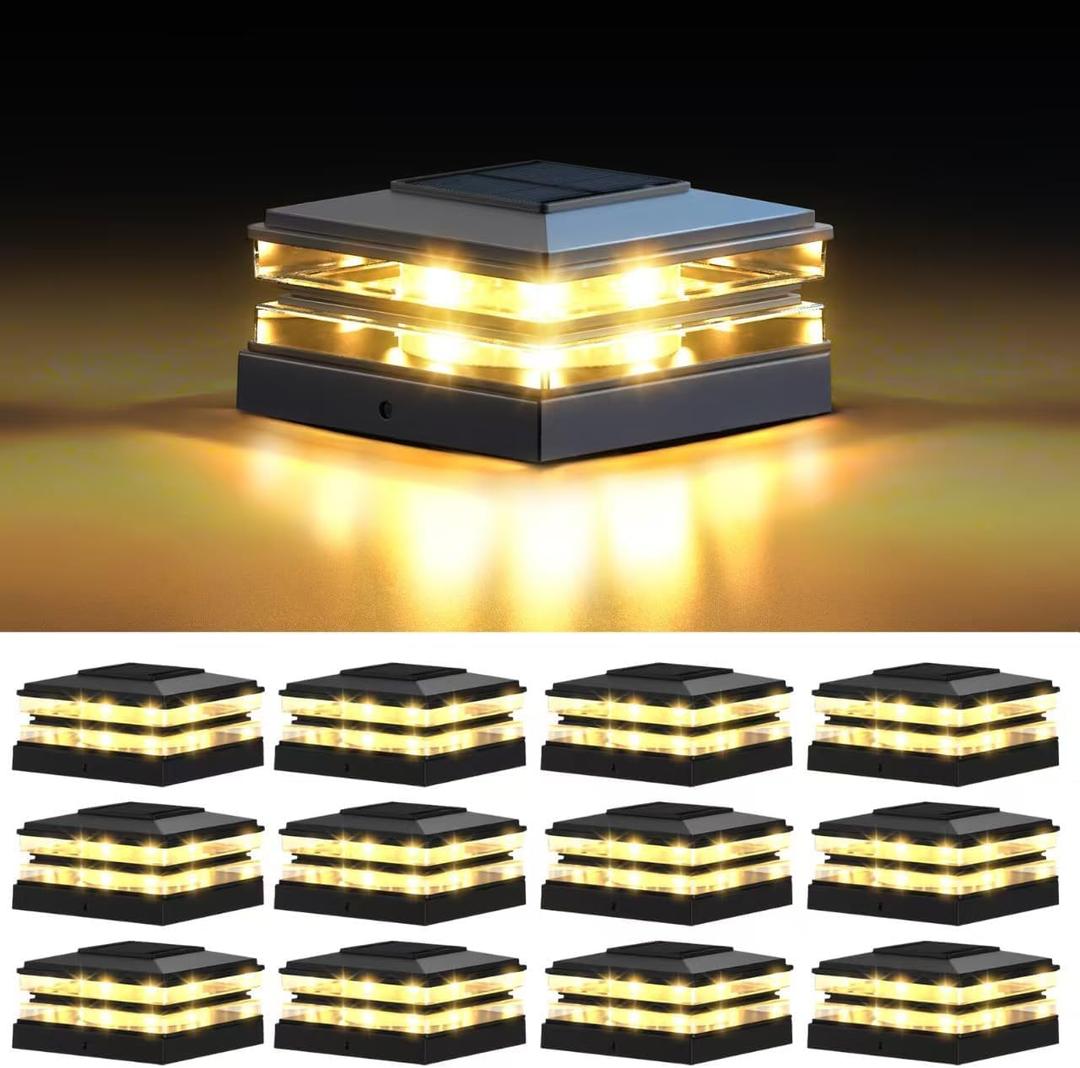 EXCMARK 4x4 Solar Post Cap Lights Outdoor Waterproof 12 Pack Fence Deck Post Lights with High-Brightness LEDs, Dual Light Modes Warm White & Cool White. (Classic Black, 12)