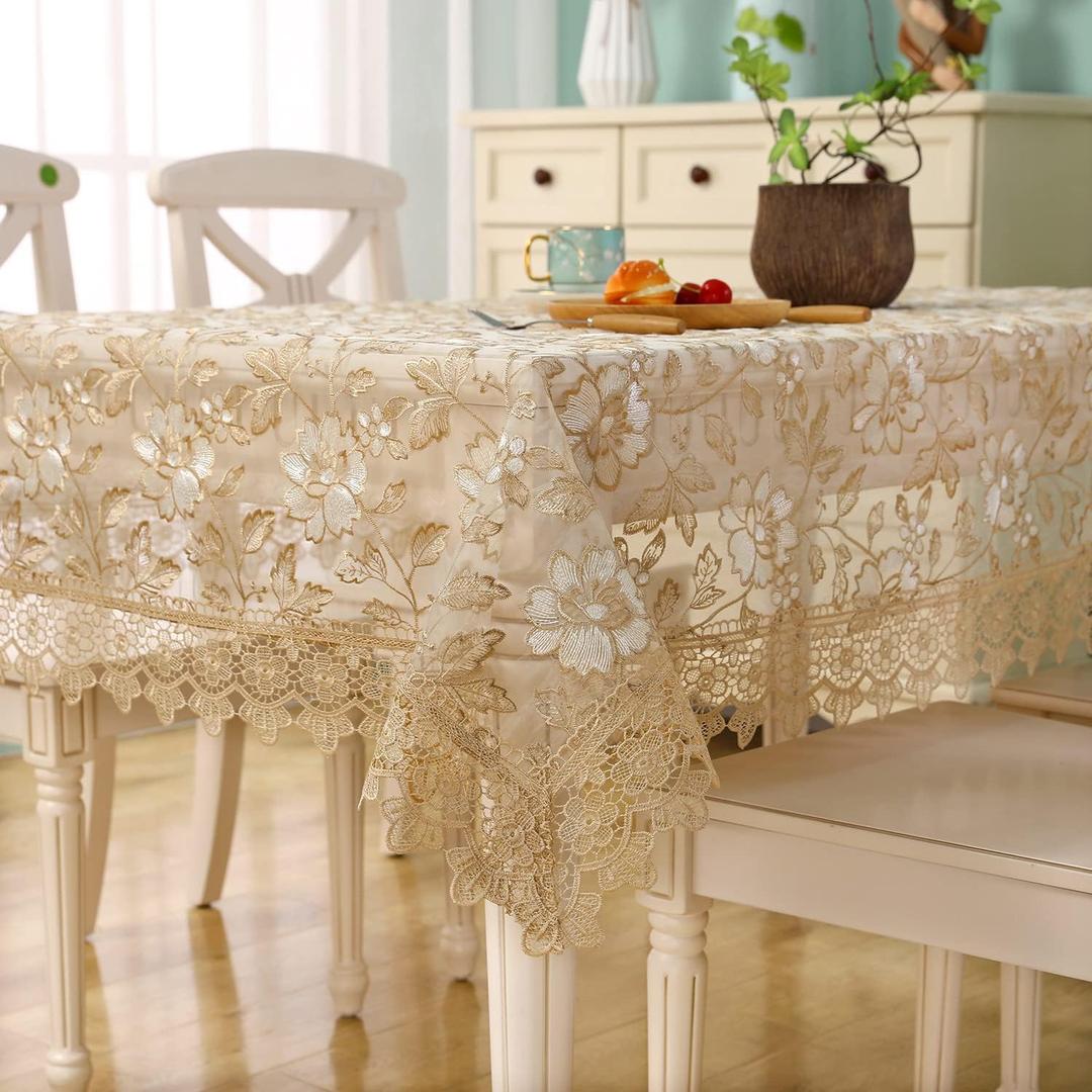Lace Embroidered Rectangle Tablecloth - Boho Table Cloth Rustic Fabric Retro Lace Tablecloth for Outdoor Picnic Dining Table for 6 Foot Tables 52x70 in, Gold, (R10971)