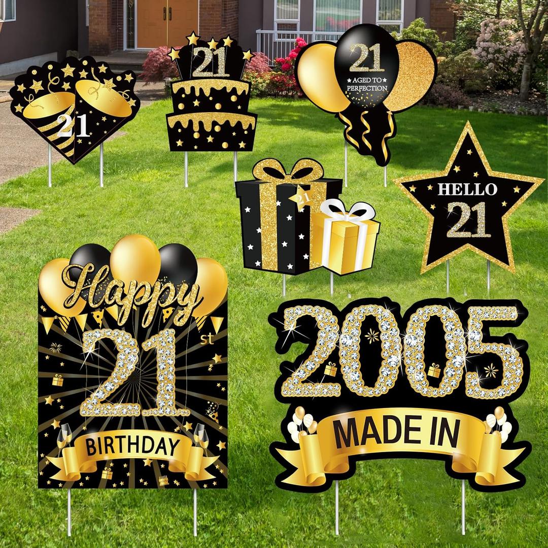 7Pcs Black Gold 21st Birthday Yard Sign Decorations for Men Women, Happy 21st Birthday Made in 2005 Lawn Sign Party Supplies, 21 Year Old Yard Decor with Stakes
