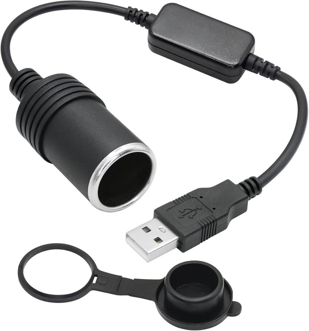 USB A Male to Cigarette Lighter Female Socket Power Cable 1FT, 5V USB to 12V Cigarette Lighter Socket Female Converter Adapter with Dust Cap, for Dash Cam, GPS and Other Low Power 10W Car Electronics