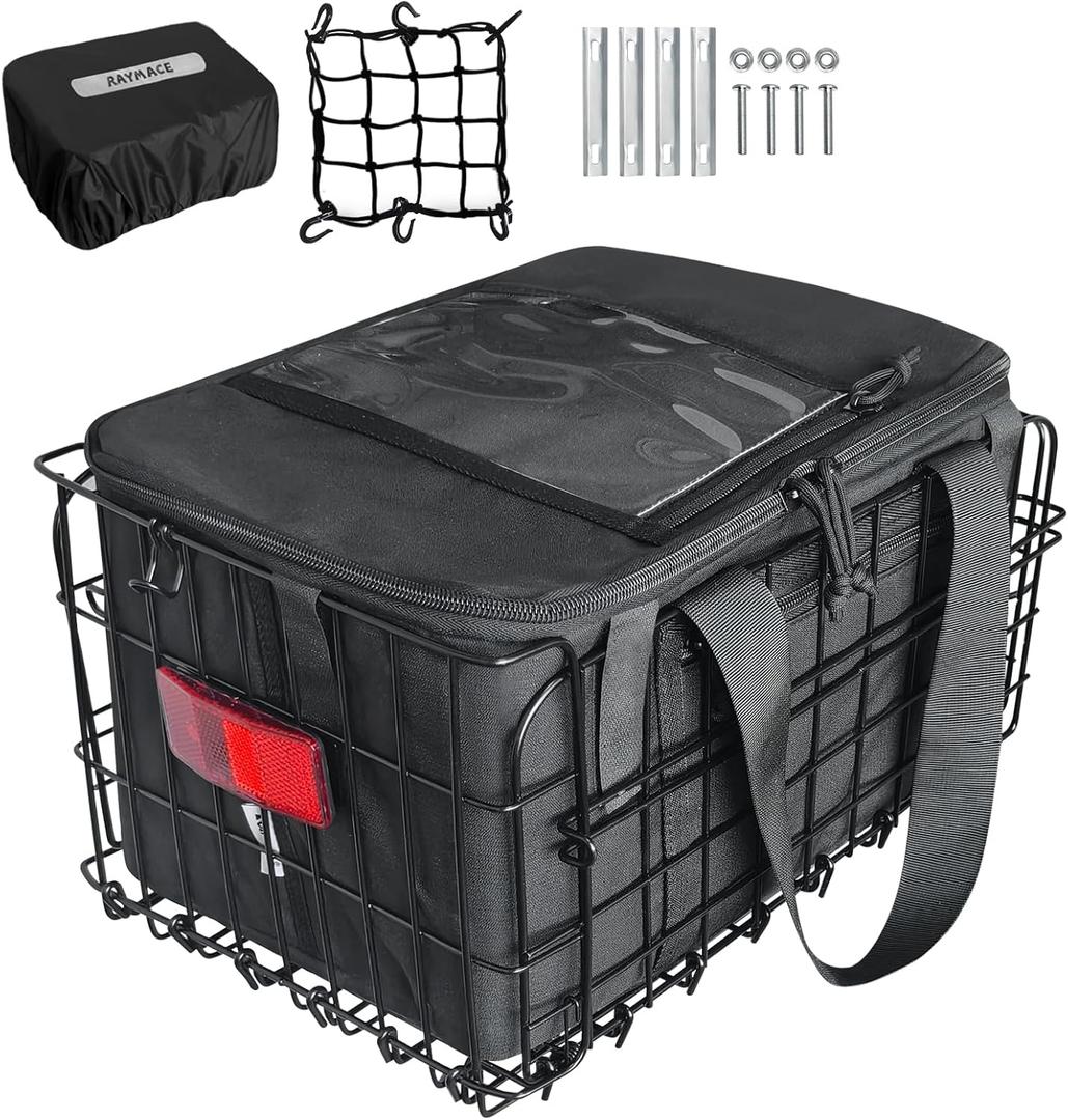 RAYMACE Bike Basket Rear with Cooler Bag and Cargo Net,Waterproof Cover,Folding Bicycle Basket, Quick Release Design Ebike Basket for Adult, Storage Groceries,Bento Lunch,Fruit