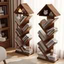 6 Tier Tree Book Shelf, Floor Standing Bookshelf for Small Space, Tall Narrow Bookcase for Storing Book/CD/Ornament, Small Bookshelf for Bedroom, Home Office, Living Room, Corner(Walnut)