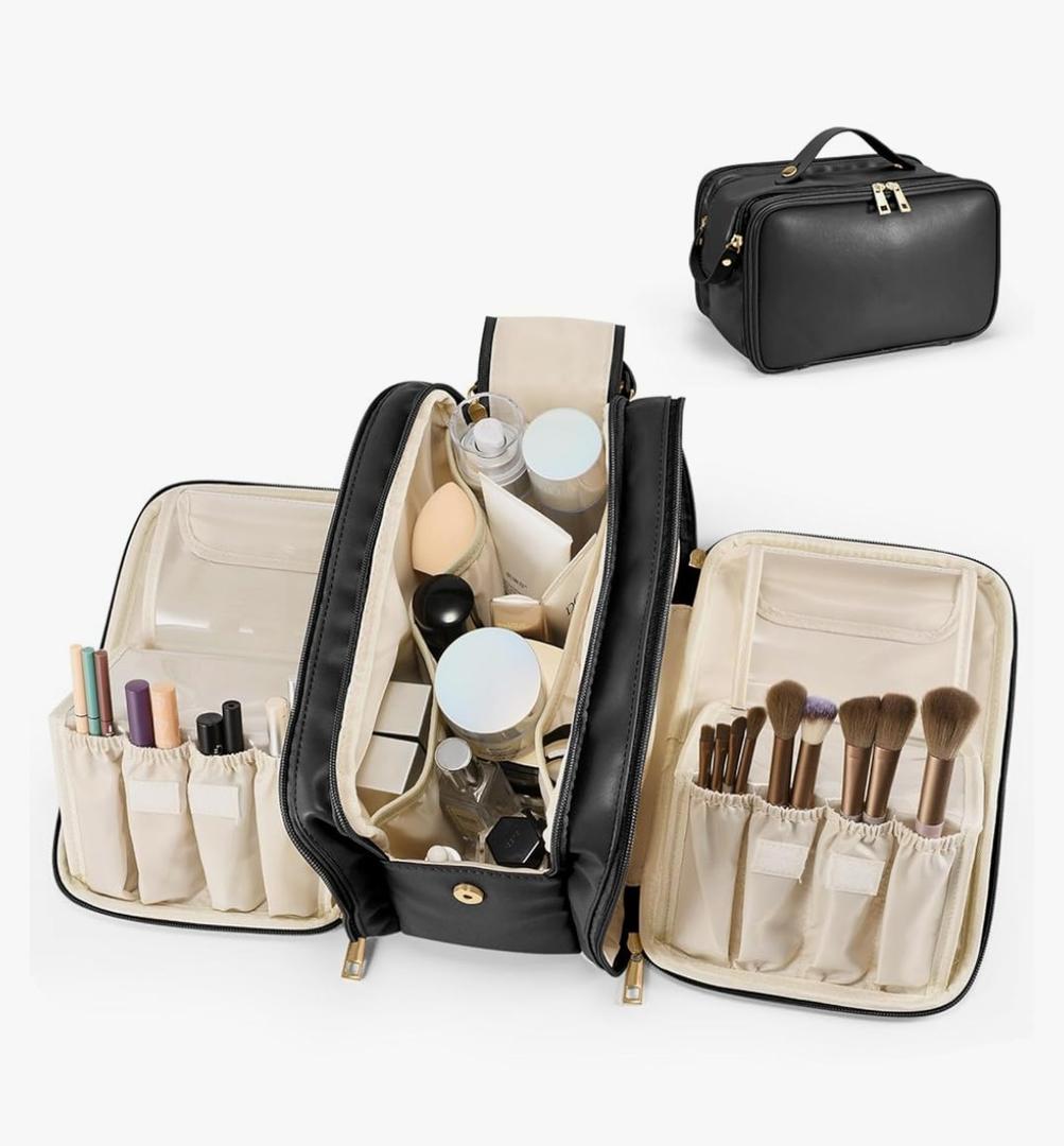 Travel Makeup Bag Women's Large Capacity Cosmetic Portable Organizer Large Opening Waterproof Storage Toiletry Bags Vertical Free-Standing Brush Holder for Easy Access Black