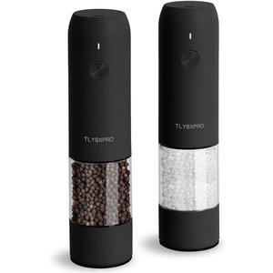 Electric Salt and Pepper Grinder Set, USB Rechargeable, Automatic Salt and Pepper Mill Grinder with Adjustable Coarseness, Electric Salt Shakers, LED Light, Refillable (2 Packs, Black)