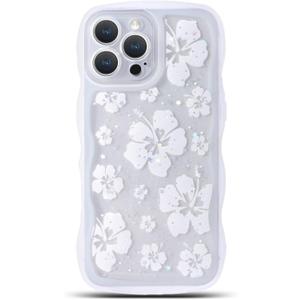 NITITOP Compatible with iPhone 16 Pro Max Case Cute Clear for Women Girls Flower Floral Bling Glitter Sparkling Star Wave Curly Frame Soft TPU Shockproof Camera Protective Cover - White, Pack of 2
