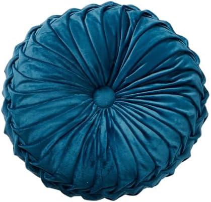 Round Throw Pillow Round Velvet Pillow Home Decoration Pleated Round Filled Pillow Cushion for Couch Chair Bedroom Car Floor (Blue)