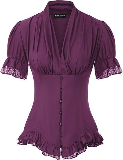 Scarlet Darkness Womens Work Tops Elegant Renaissance Pirate Shirt Short Sleeve Victorian Peasant Blouses,L