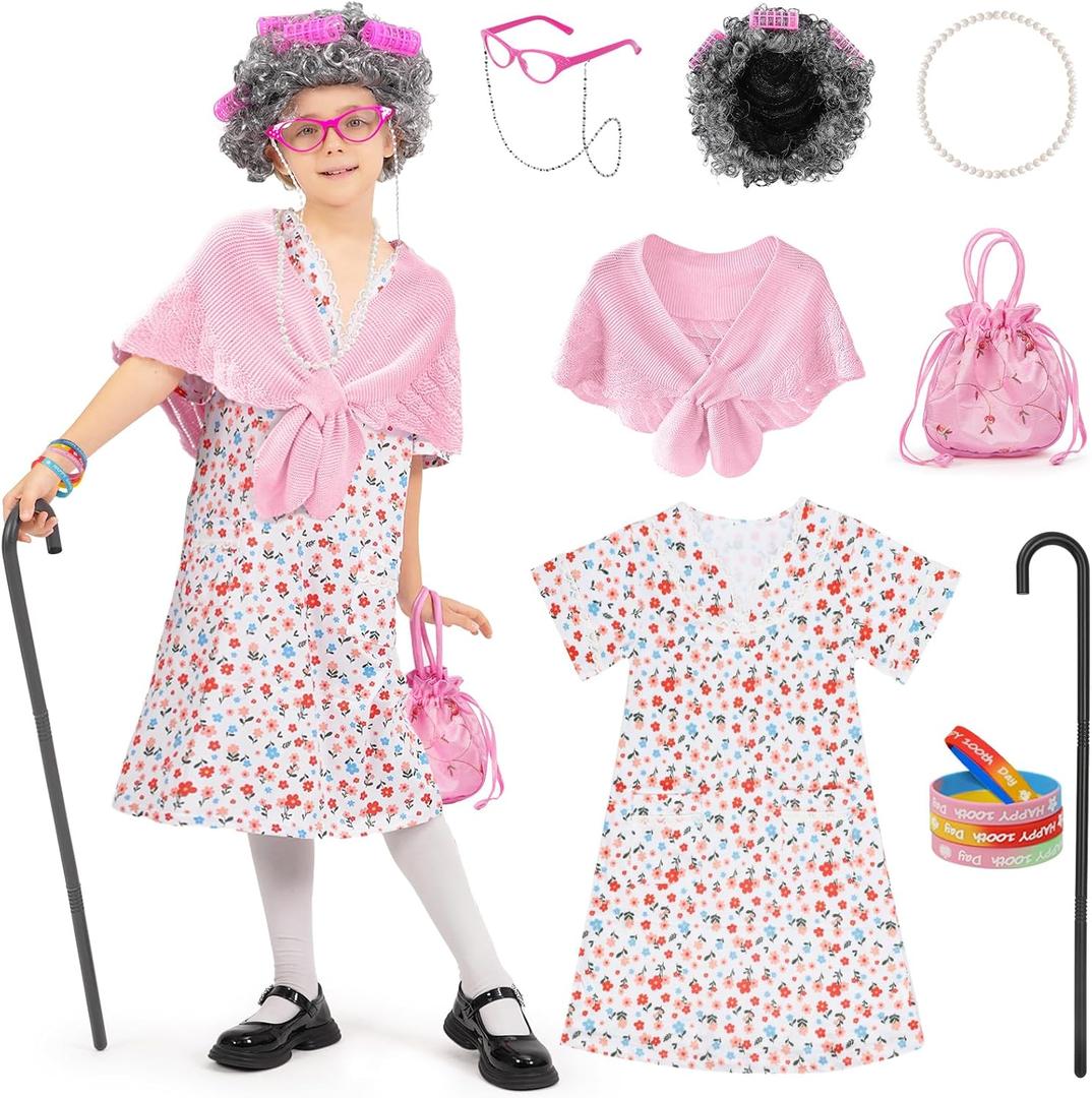 WooWee Kids Girl 100 Days of School Costume, Old Lady Costume for Kids, Halloween Cosplay Dress Up (5-7 Y, Pink)