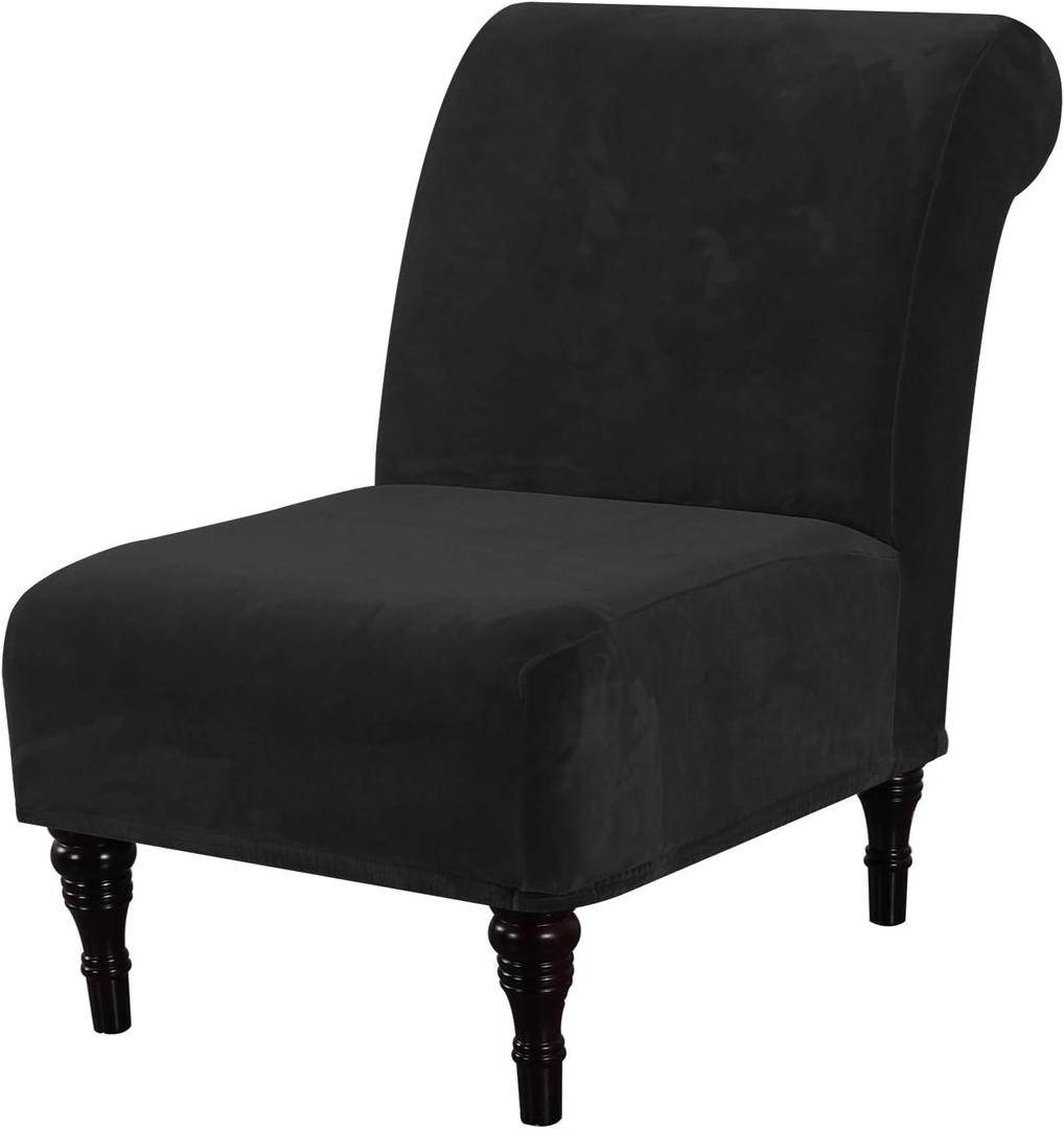 H.VERSAILTEX Armless Accent Chair Covers Thick Velvet Armless Chair Slipcovers High Stretch Chair Covers for Living Room Hotel Machine Washable Furniture Protector with Elastic Bottom, Black