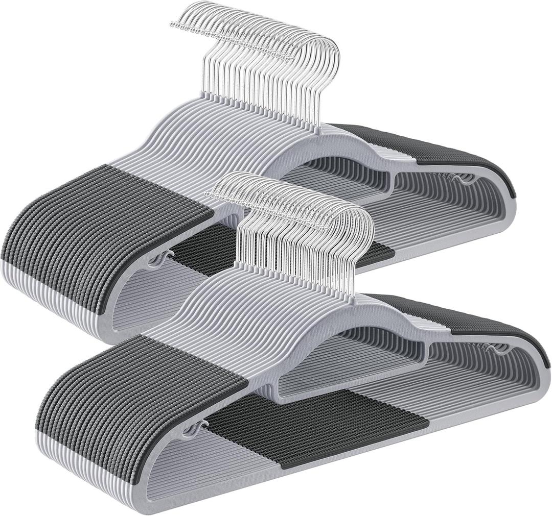 SONGMICS Pack of 50 Coat Hangers, Space-Saving Plastic Clothes Hangers, Non-Slip, 0.2 Inches Slim, 16.5 Inches Wide, 360 Swivel Silver Hook, Light Gray and Dark Gray UCRP20G50