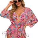3 Piece Swimsuits for Women Tropical Floral Print Bathing Suit Sheer Mesh Cover Up Classic Bikini Set Summer Beach (Pink, L)