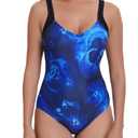 Itzel Women's V Neck Long Torso One Piece Swimsuit Modest Bathing Suits Black Navy Floral 12 (Blue)