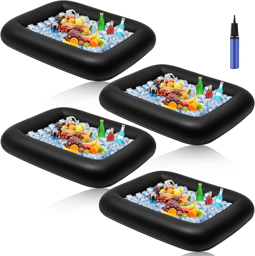 Leitee 4 Pcs Summer Inflatable Serving Bar and a Hand Pump Ice Buffet Serving Tray Inflatable Cooler with Drain Plug Picnic Supplies Ice Holder for Party Food Drink Containers 28 x 22 x 5 Inch(Black)