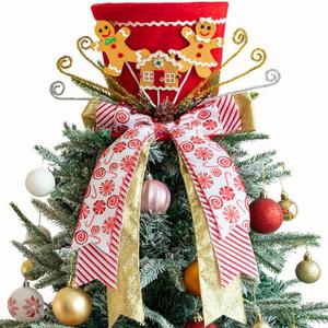 Christmas Tree Topper Hat, Gingerbread Man Christmas Tree Topper, Tree Topper Christmas Decorations with Bow Ribbon Christmas Tree Ornaments for Home Xmas Décor