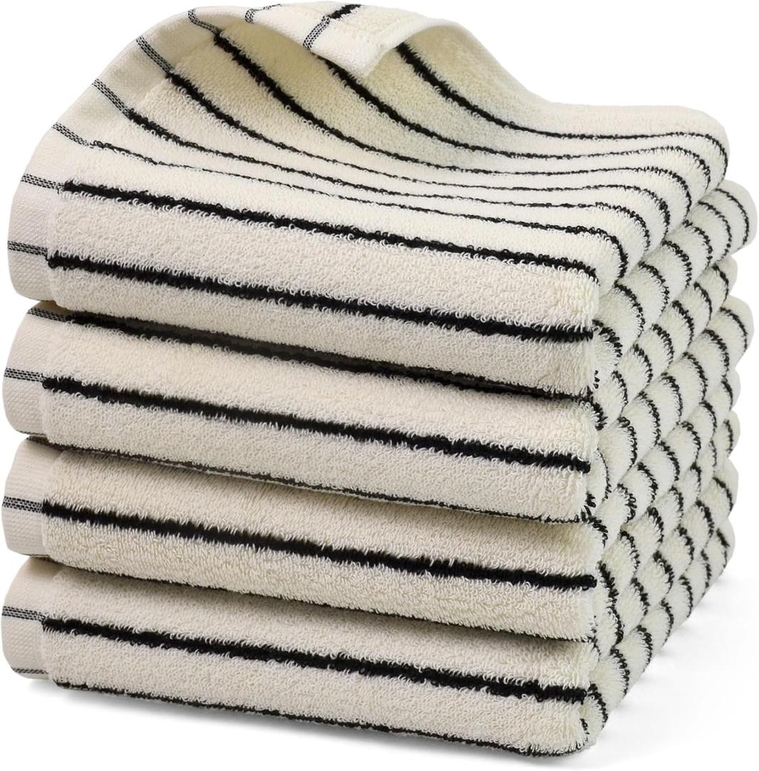 Jacquotha Hand Towels 4 Pack, Cotton Face Towels for Bathroom & Spa Days, Decorative Black Stripes for Kitchen Decor, 14 x 29