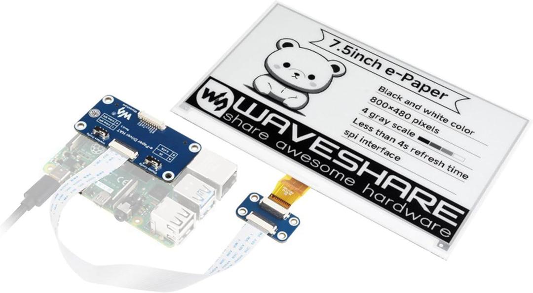 7.5inch E-Ink Display HAT Compatible with Raspberry Pi 5/4B/3B+/Zero/Zero W/Zero 2W/Pico/Pico W/Pico 2/Pico 2W/Jetson Nano, 800480 Resolution SPI Interface,Black White Two-Color SPI Interface E-Paper