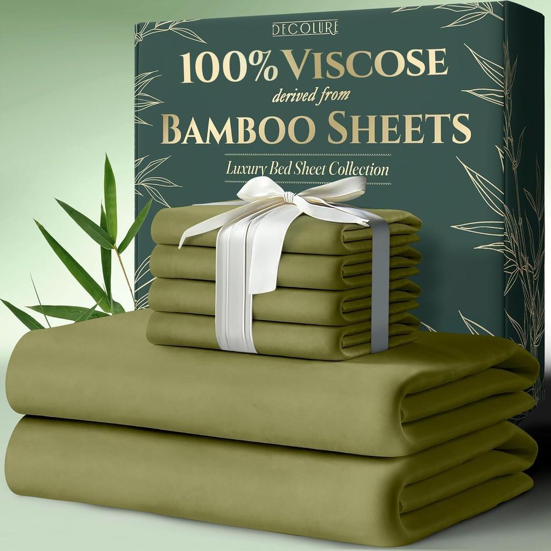 DECOLURE 100% Viscose Derived from Bamboo Sheets Queen Size 6pcs - Ultra Soft & Luxuriously Cooling, 17" Deep Pocket, Double Stitching,Perfect for Hot Sleepers - Queen Bed Sheets (Light Olive)